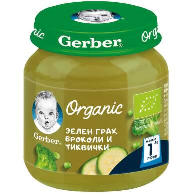 Gerber Organic Храна за бебета Пюре от зелен грах, броколи и тиквички моето 1-во пюре, 125g, бурканч - 11847_gerber.png