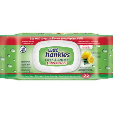 Wet hankies lemon натибактериални влажни кърпи 72 - 6837_hankieslemon72.png