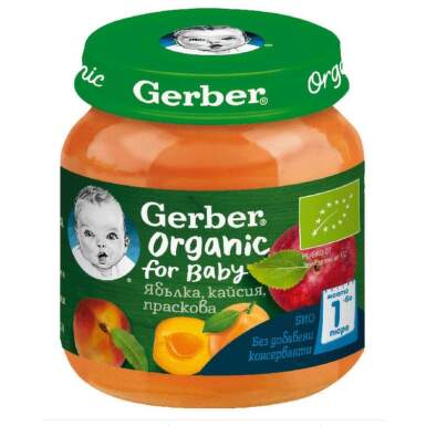 Gerber Organic Храна за бебета Пюре от ябълка, кайсия и праскова oт 6-ия месец, 125g бурканче - 11851_gerber.png
