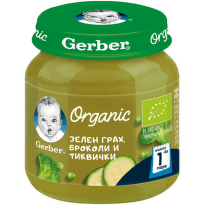 Gerber Organic Храна за бебета Пюре от зелен грах, броколи и тиквички моето 1-во пюре, 125g, бурканч