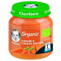 Gerber Organic Храна за бебета Пюре от морков и сладък картоф моето 1-во пюре, 125g, бурканче