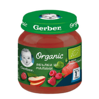 Gerber Organic Храна за бебета Пюре от ябълки и малини моето 1-во пюре, 125g, бурканче